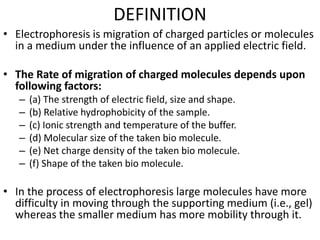 DEFINITION
• Electrophoresis is migration of charged particles or molecules
in a medium under the influence of an applied electric field.
• The Rate of migration of charged molecules depends upon
following factors:
– (a) The strength of electric field, size and shape.
– (b) Relative hydrophobicity of the sample.
– (c) Ionic strength and temperature of the buffer.
– (d) Molecular size of the taken bio molecule.
– (e) Net charge density of the taken bio molecule.
– (f) Shape of the taken bio molecule.
• In the process of electrophoresis large molecules have more
difficulty in moving through the supporting medium (i.e., gel)
whereas the smaller medium has more mobility through it.
 