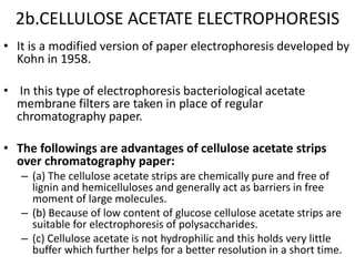 2b.CELLULOSE ACETATE ELECTROPHORESIS
• It is a modified version of paper electrophoresis developed by
Kohn in 1958.
• In this type of electrophoresis bacteriological acetate
membrane filters are taken in place of regular
chromatography paper.
• The followings are advantages of cellulose acetate strips
over chromatography paper:
– (a) The cellulose acetate strips are chemically pure and free of
lignin and hemicelluloses and generally act as barriers in free
moment of large molecules.
– (b) Because of low content of glucose cellulose acetate strips are
suitable for electrophoresis of polysaccharides.
– (c) Cellulose acetate is not hydrophilic and this holds very little
buffer which further helps for a better resolution in a short time.
 