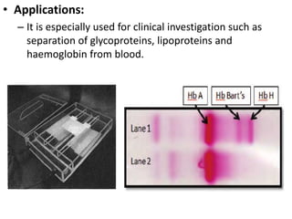 • Applications:
– It is especially used for clinical investigation such as
separation of glycoproteins, lipoproteins and
haemoglobin from blood.
 