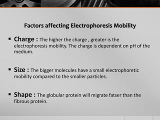 Factors affecting Electrophoresis Mobility
 Charge : The higher the charge , greater is the
electrophoresis mobility. The charge is dependent on pH of the
medium.
 Size : The bigger molecules have a small electrophoretic
mobility compared to the smaller particles.
 Shape : The globular protein will migrate fatser than the
fibrous protein.
 