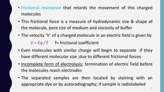 • Frictional resistance that retards the movement of this charged
molecules
• This frictional force is a measure of hydrodynamic size & shape of
the molecule, pore size of medium and viscosity of buffer
• The velocity ‘V’ of a charged molecule in an electric field is given by
V = Eq / f f= frictional coefficient
• Even molecules with similar charge will begin to separate if they
have different molecular size ;due to different frictional forces
• Incomplete form of electrolysis; termination of electric field before
the molecules reach electrodes
• The separated samples are then located by staining with an
appropriate dye or by autoradiography; if sample is radiolabeled
11
 