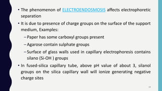 • The phenomenon of ELECTROENDOSMOSIS affects electrophoretic
separation
• It is due to presence of charge groups on the surface of the support
medium, Examples:
–Paper has some carboxyl groups present
–Agarose contain sulphate groups
–Surface of glass walls used in capillary electrophoresis contains
silano (Si-OH ) groups
• In fused-silica capillary tube, above pH value of about 3, silanol
groups on the silica capillary wall will ionize generating negative
charge sites
14
 