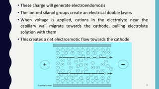 • These charge will generate electroendomosis
• The ionized silanol groups create an electrical double layers
• When voltage is applied, cations in the electrolyte near the
capillary wall migrate towards the cathode, pulling electrolyte
solution with them
• This creates a net electrosmotic flow towards the cathode
15
 