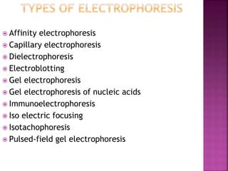  Affinity electrophoresis
 Capillary electrophoresis
 Dielectrophoresis
 Electroblotting
 Gel electrophoresis
 Gel electrophoresis of nucleic acids
 Immunoelectrophoresis
 Iso electric focusing
 Isotachophoresis
 Pulsed-field gel electrophoresis
 