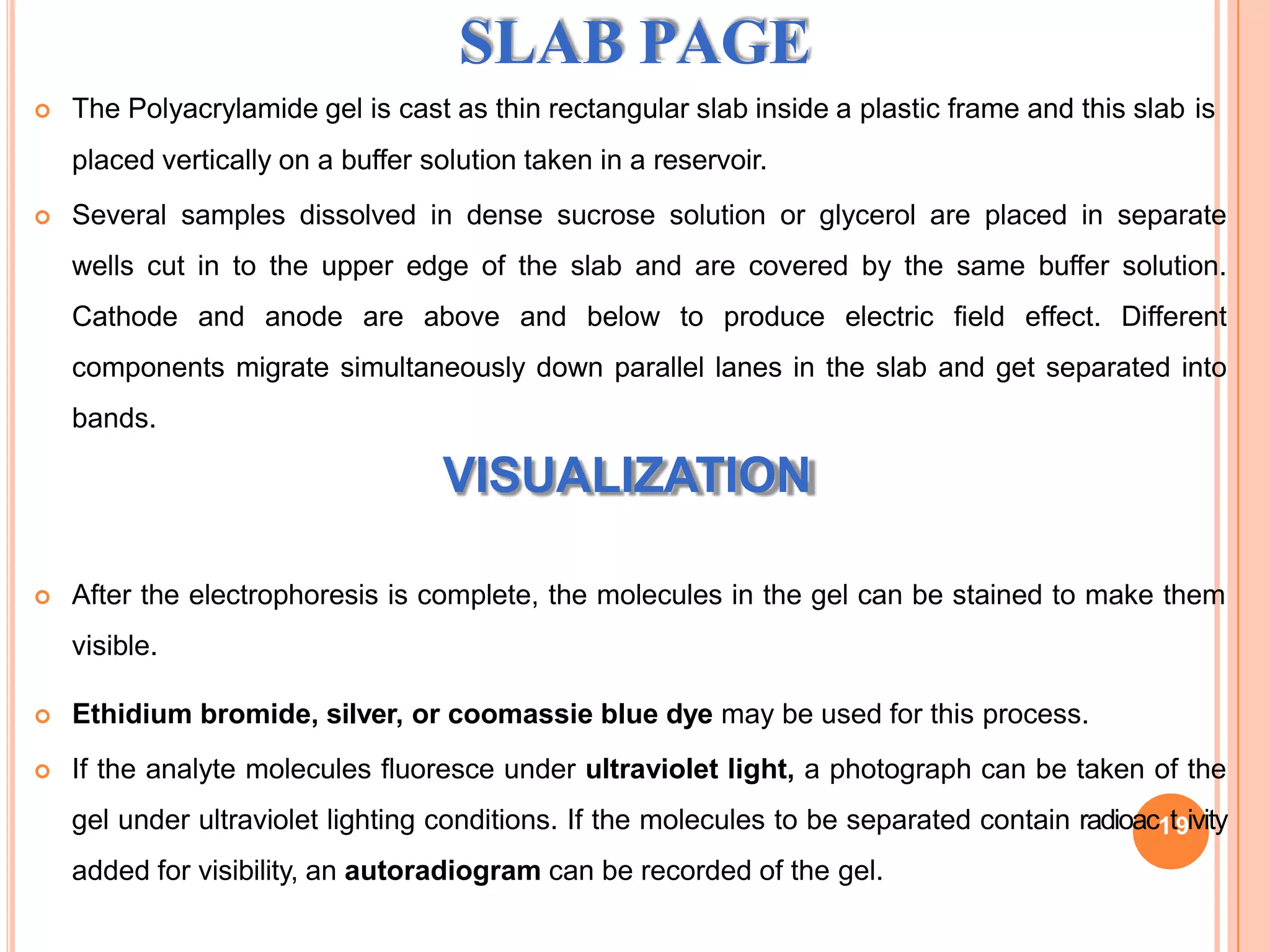 SLAB PAGE
 The Polyacrylamide gel is cast as thin rectangular slab inside a plastic frame and this slab is
placed vertically on a buffer solution taken in a reservoir.
 Several samples dissolved in dense sucrose solution or glycerol are placed in separate
wells cut in to the upper edge of the slab and are covered by the same buffer solution.
Cathode and anode are above and below to produce electric field effect. Different
components migrate simultaneously down parallel lanes in the slab and get separated into
bands.
VISUALIZATION
 After the electrophoresis is complete, the molecules in the gel can be stained to make them
visible.
 Ethidium bromide, silver, or coomassie blue dye may be used for this process.
 If the analyte molecules fluoresce under ultraviolet light, a photograph can be taken of the
gel under ultraviolet lighting conditions. If the molecules to be separated contain radioac1t9ivity
added for visibility, an autoradiogram can be recorded of the gel.
 