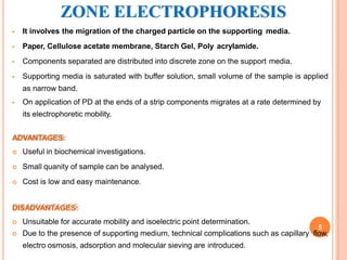 ZONE ELECTROPHORESIS
 It involves the migration of the charged particle on the supporting media.
 Paper, Cellulose acetate membrane, Starch Gel, Poly acrylamide.
 Components separated are distributed into discrete zone on the support media.
 Supporting media is saturated with buffer solution, small volume of the sample is applied
as narrow band.
 On application of PD at the ends of a strip components migrates at a rate determined by
its electrophoretic mobility.
ADVANTAGES:
 Useful in biochemical investigations.
 Small quanity of sample can be analysed.
 Cost is low and easy maintenance.
DISADVANTAGES:
 Unsuitable for accurate mobility and isoelectric point determination.
 Due to the presence of supporting medium, technical complications such as capillary flow,
electro osmosis, adsorption and molecular sieving are introduced.
5
 