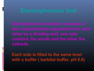 Electrophoresis Unit
Electrophoresis chamber consists of
two compartments separated from each
other by a dividing wall, one side
contains the anode and the other the
cathode.
Each side is filled to the same level
with a buffer ( barbital buffer, pH 8.6)
 