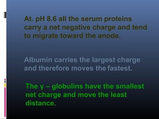 At. pH 8.6 all the serum proteins
carry a net negative charge and tend
to migrate toward the anode.
Albumin carries the largest charge
and therefore moves the fastest.
The γ – globulins have the smallest
net charge and move the least
distance.
 