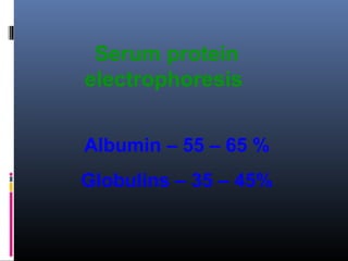 Serum protein
electrophoresis
Albumin – 55 – 65 %
Globulins – 35 – 45%
 