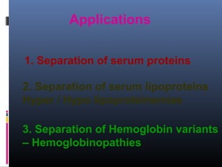 2. Separation of serum lipoproteins
Hyper / Hypo lipoproteinemias
1. Separation of serum proteins
Applications
3. Separation of Hemoglobin variants
– Hemoglobinopathies
 