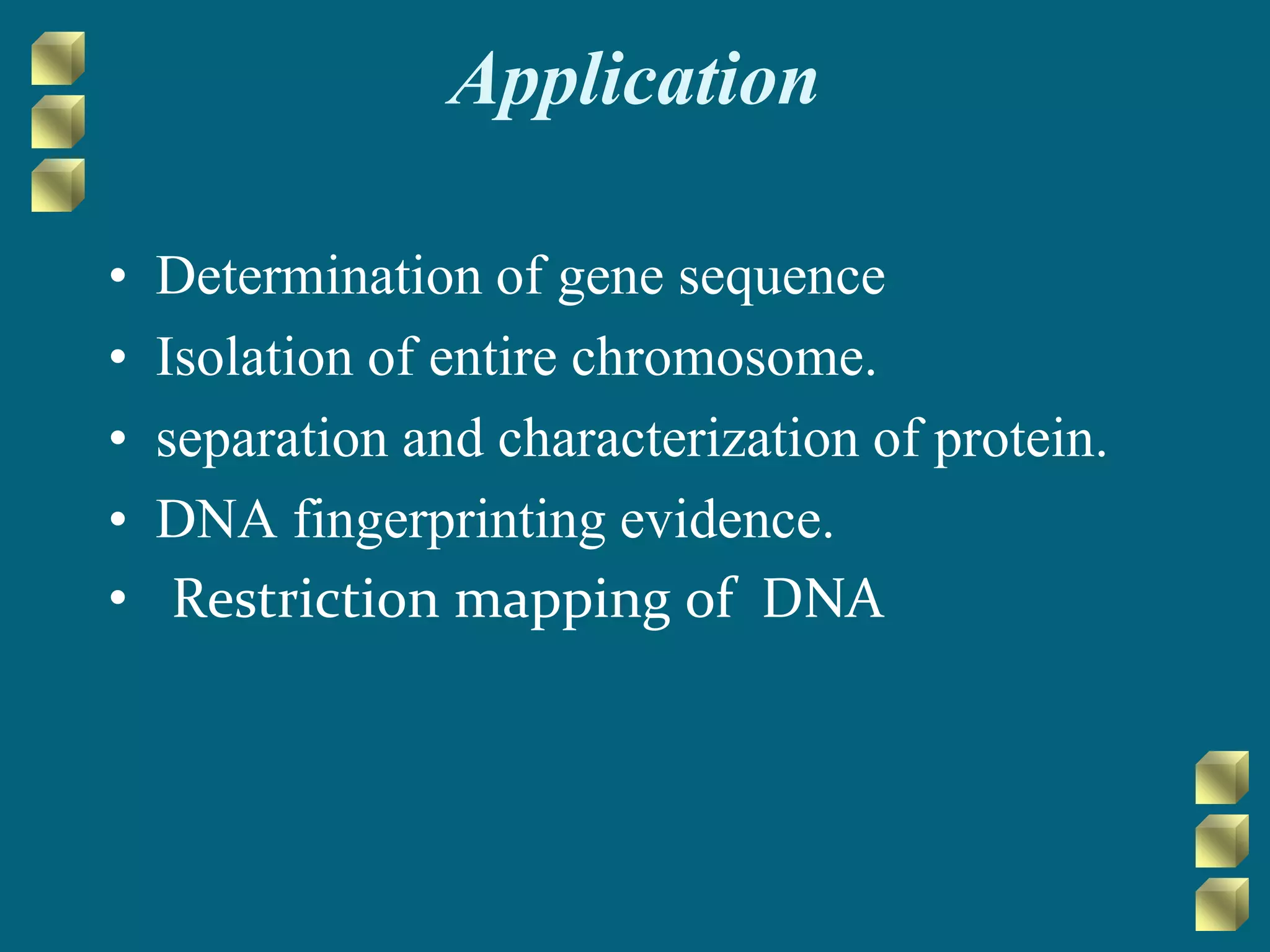 Application
• Determination of gene sequence
• Isolation of entire chromosome.
• separation and characterization of protein.
• DNA fingerprinting evidence.
• Restriction mapping of DNA
 