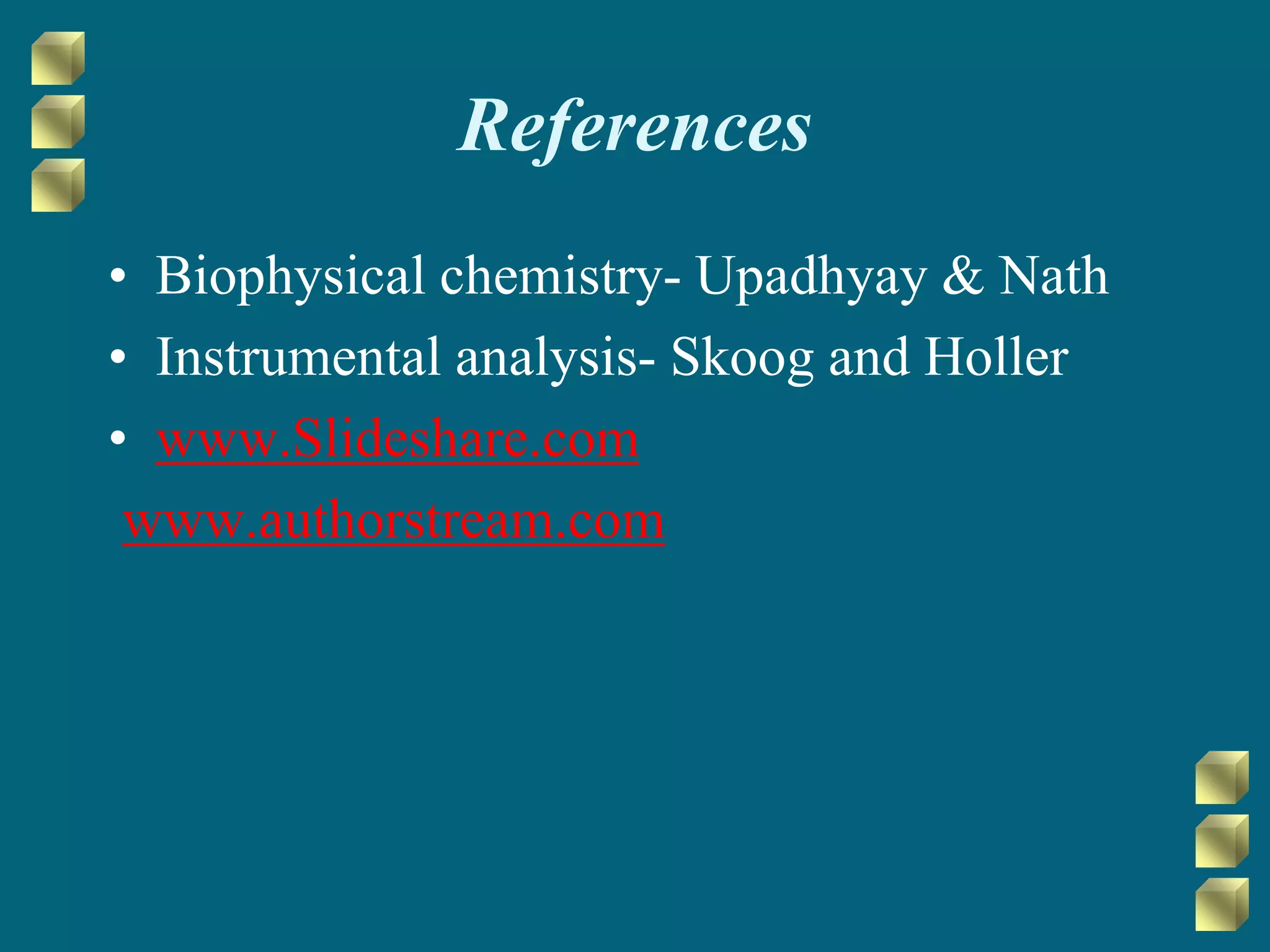 References
• Biophysical chemistry- Upadhyay & Nath
• Instrumental analysis- Skoog and Holler
• www.Slideshare.com
www.authorstream.com
 