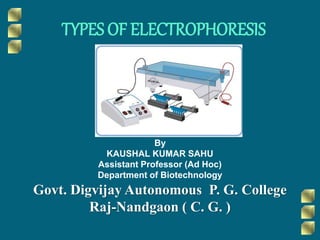 TYPES OF ELECTROPHORESIS
By
KAUSHAL KUMAR SAHU
Assistant Professor (Ad Hoc)
Department of Biotechnology
Govt. Digvijay Autonomous P. G. College
Raj-Nandgaon ( C. G. )
 
