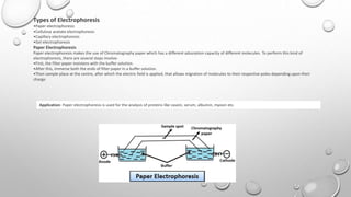 Types of Electrophoresis
•Paper electrophoresis
•Cellulose acetate electrophoresis
•Capillary electrophoresis
•Gel electrophoresis
Paper Electrophoresis
Paper electrophoresis makes the use of Chromatography paper which has a different adsorption capacity of different molecules. To perform this kind of
electrophoresis, there are several steps involve:
•First, the filter paper moistens with the buffer solution.
•After this, immerse both the ends of filter paper in a buffer solution.
•Then sample place at the centre, after which the electric field is applied, that allows migration of molecules to their respective poles depending upon their
charge.
Application: Paper electrophoresis is used for the analysis of proteins like casein, serum, albumin, myosin etc.
 