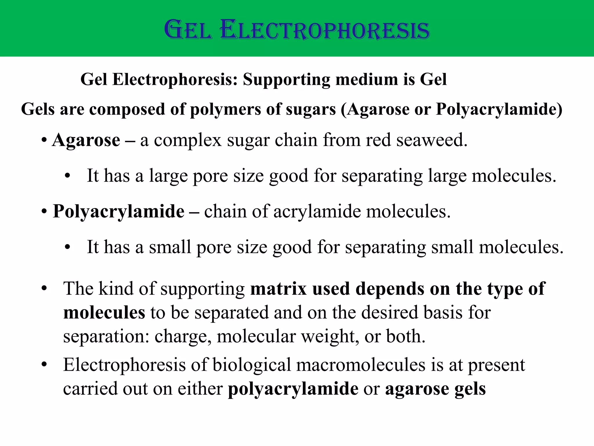 GEL ELECTROPHORESIS
• Agarose – a complex sugar chain from red seaweed.
• It has a large pore size good for separating large molecules.
• Polyacrylamide – chain of acrylamide molecules.
• It has a small pore size good for separating small molecules.
Gels are composed of polymers of sugars (Agarose or Polyacrylamide)
Gel Electrophoresis: Supporting medium is Gel
• The kind of supporting matrix used depends on the type of
molecules to be separated and on the desired basis for
separation: charge, molecular weight, or both.
• Electrophoresis of biological macromolecules is at present
carried out on either polyacrylamide or agarose gels
 