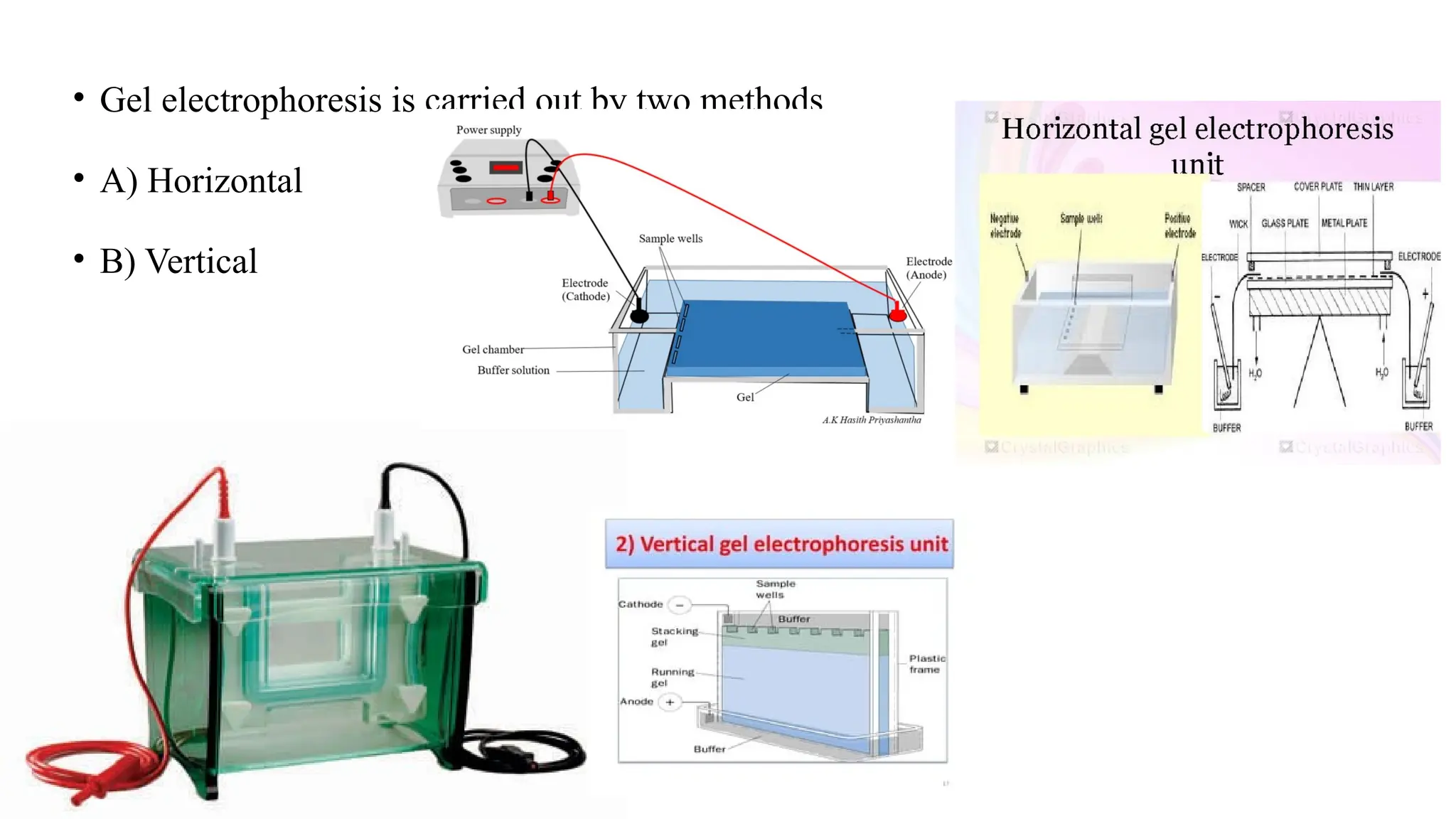 • Gel electrophoresis is carried out by two methods
• A) Horizontal
• B) Vertical
 