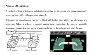 • Principle of Separation:
• A mixture of ions or ionisable substances is applied on the centre of a paper, previously
immersed in a buffer of known ionic strength.
• This paper is placed across two trays, filled with buffer, into which two electrodes are
immersed. When a voltage is applied across these electrodes, the ions or ionisable
substances migrate towards anode or cathode, based on their charge and other factors.
 