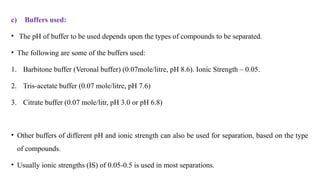 c) Buffers used:
• The pH of buffer to be used depends upon the types of compounds to be separated.
• The following are some of the buffers used:
1. Barbitone buffer (Veronal buffer) (0.07mole/litre, pH 8.6). Ionic Strength – 0.05.
2. Tris-acetate buffer (0.07 mole/litre, pH 7.6)
3. Citrate buffer (0.07 mole/litr, pH 3.0 or pH 6.8)
• Other buffers of different pH and ionic strength can also be used for separation, based on the type
of compounds.
• Usually ionic strengths (IS) of 0.05-0.5 is used in most separations.
 