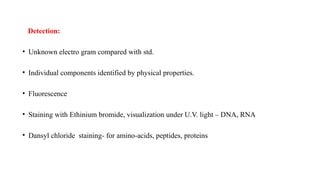 Detection:
• Unknown electro gram compared with std.
• Individual components identified by physical properties.
• Fluorescence
• Staining with Ethinium bromide, visualization under U.V. light – DNA, RNA
• Dansyl chloride staining- for amino-acids, peptides, proteins
 