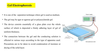 Gel Electrophoresis
• It is one of the separation technique where gel is used as medium.
• The gel may be agar or agarose gel or polyacrylamide gel.
• The device consists essentially of a glass plate over the whole
surface of which is deposited a firmly adhering layer of gel of
uniform thickness.
• The connection between the gel and the conducting solution is
effected in various ways according to the type of apparatus used.
Precautions are to be taken to avoid condensation of moisture or
drying of the solid layer.
 