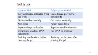 34
Gel types
Agarose Gel Polyacrylamide Gel
Polysaccharide extracted from
sea weed
Cross linked polymer of
acrylamide
Gel casted horizontally Gel casted vertically
Non toxic Potent neuro toxic
Separate large molecules Separate small molecules
Commonly used for DNA
separations
For DNA or proteins
Staining can be done before
pouring the gel
Staining can be done after
pouring the gel
 
