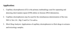 Application:
1. Capillary electrophoresis (CE) is the primary methodology used for separating and
detecting short tandem repeat (STR) alleles in forensic DNA laboratories.
2. Capillary electrophoresis may be used for the simultaneous determination of the ions
NH+4, Na+, K+, Mg+2 and Ca+2 in saliva.
3. Illicit Drug Analysis: Applications of capillary electrophoresis to illicit drugs in seizures
and toxicology samples.
 