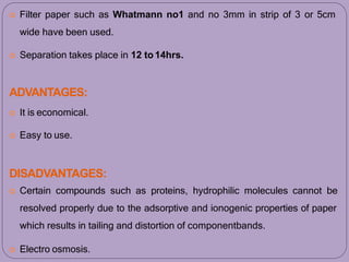  Filter paper such as Whatmann no1 and no 3mm in strip of 3 or 5cm
wide have been used.
 Separation takes place in 12 to14hrs.
ADVANTAGES:
 It is economical.
 Easy to use.
DISADVANTAGES:
 Certain compounds such as proteins, hydrophilic molecules cannot be
resolved properly due to the adsorptive and ionogenic properties of paper
which results in tailing and distortion of componentbands.
 Electro osmosis.
 