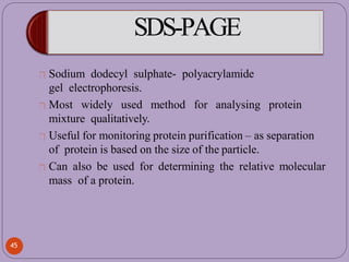 SDS-PAGE
Sodium dodecyl sulphate- polyacrylamide
gel electrophoresis.
Most widely used method for analysing protein
mixture qualitatively.
Useful for monitoring protein purification – as separation
of protein is based on the size of the particle.
Can also be used for determining the relative molecular
mass of a protein.
45
 