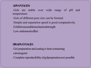 ADV
ANT
AGES:
-Gels are stable over wide range of pH and
temperature.
-Gels of different pore size can be formed.
-Simple and separation speed is good comparatively.
-Exhibitreasonablemechanicalstrength
-Low endosmosiseffect
DISADV
ANT
AGES
-Gel preparationandcastingis time-consuming
-carcinogenic
-Completereproducibilityofgelpreparationnot possible
 