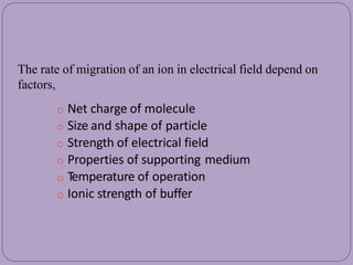 The rate of migration of an ion in electrical field depend on
factors,
o Net charge of molecule
o Size and shape of particle
o Strength of electrical field
o Properties of supporting medium
o Temperature of operation
o Ionic strength of buffer
 