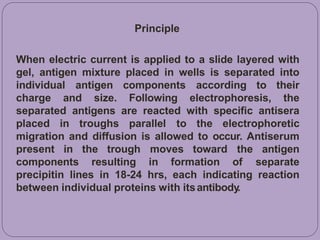 Principle
When electric current is applied to a slide layered with
gel, antigen mixture placed in wells is separated into
individual antigen components according to their
charge and size. Following electrophoresis, the
separated antigens are reacted with specific antisera
placed in troughs parallel to the electrophoretic
migration and diffusion is allowed to occur. Antiserum
present in the trough moves toward the antigen
components resulting in formation of separate
precipitin lines in 18-24 hrs, each indicating reaction
between individual proteins with itsantibody.
 