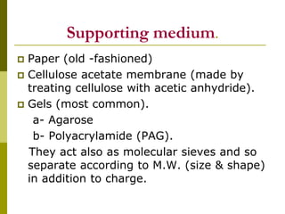 Supporting medium.
 Paper (old -fashioned)
 Cellulose acetate membrane (made by
treating cellulose with acetic anhydride).
 Gels (most common).
a- Agarose
b- Polyacrylamide (PAG).
They act also as molecular sieves and so
separate according to M.W. (size & shape)
in addition to charge.
 