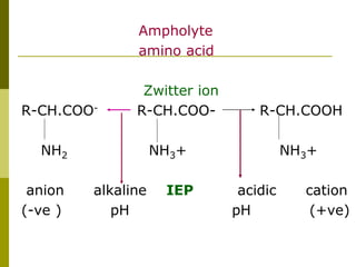 Ampholyte
amino acid
Zwitter ion
R-CH.COO- R-CH.COO- R-CH.COOH
NH2 NH3+ NH3+
anion alkaline IEP acidic cation
(-ve ) pH pH (+ve)
 
