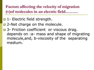 Factors affecting the velocity of migration
(v)of molecules in an electric field………
 1- Electric field strength.
 2-Net charge on the molecule.
 3- Friction coefficient or viscous drag.
depends on :a- mass and shape of migrating
molecule,and, b-viscosity of the separating
medium.
 