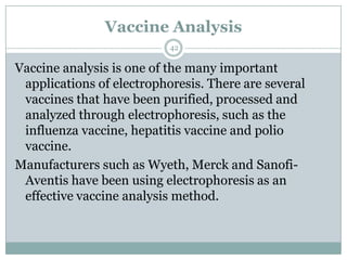 Vaccine Analysis
                           42

Vaccine analysis is one of the many important
 applications of electrophoresis. There are several
 vaccines that have been purified, processed and
 analyzed through electrophoresis, such as the
 influenza vaccine, hepatitis vaccine and polio
 vaccine.
Manufacturers such as Wyeth, Merck and Sanofi-
 Aventis have been using electrophoresis as an
 effective vaccine analysis method.
 