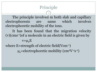 Principle
                            5

     The principle involved in both slab and capillary
electrophoresis     are    same      which       involves
electrophoretic mobility of the ions.
     It has been found that the migration velocity
(v)(cms-1)of a molecule in an electric field is given by
           v=µeE
where E=strength of electric field(Vcm-1)
        µe=electrophoretic mobility (cm2V-1s-1)
 