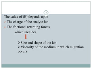 6

The value of (E) depends upon
 The charge of the analyte ion
 The frictional retarding forces
       which includes

         Size and shape of the ion
         Viscosity of the medium in which migration
         occurs
 