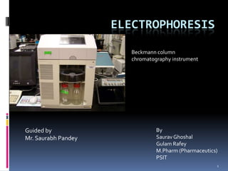 ELECTROPHORESIS

                        Beckmann column
                        chromatography instrument




Guided by                        By
Mr. Saurabh Pandey               Saurav Ghoshal
                                 Gulam Rafey
                                 M.Pharm (Pharmaceutics)
                                 PSIT
                                                       1
 