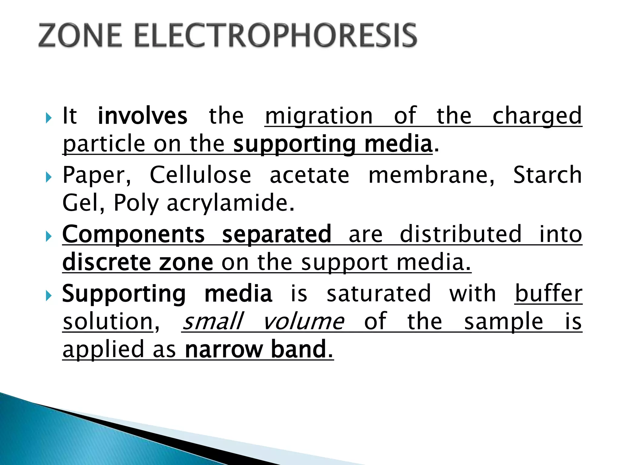 It involves the migration of the charged
particle on the supporting media.
 Paper, Cellulose acetate membrane, Starch
Gel, Poly acrylamide.
 Components separated are distributed into
discrete zone on the support media.
 Supporting media is saturated with buffer
solution, small volume of the sample is
applied as narrow band.
 