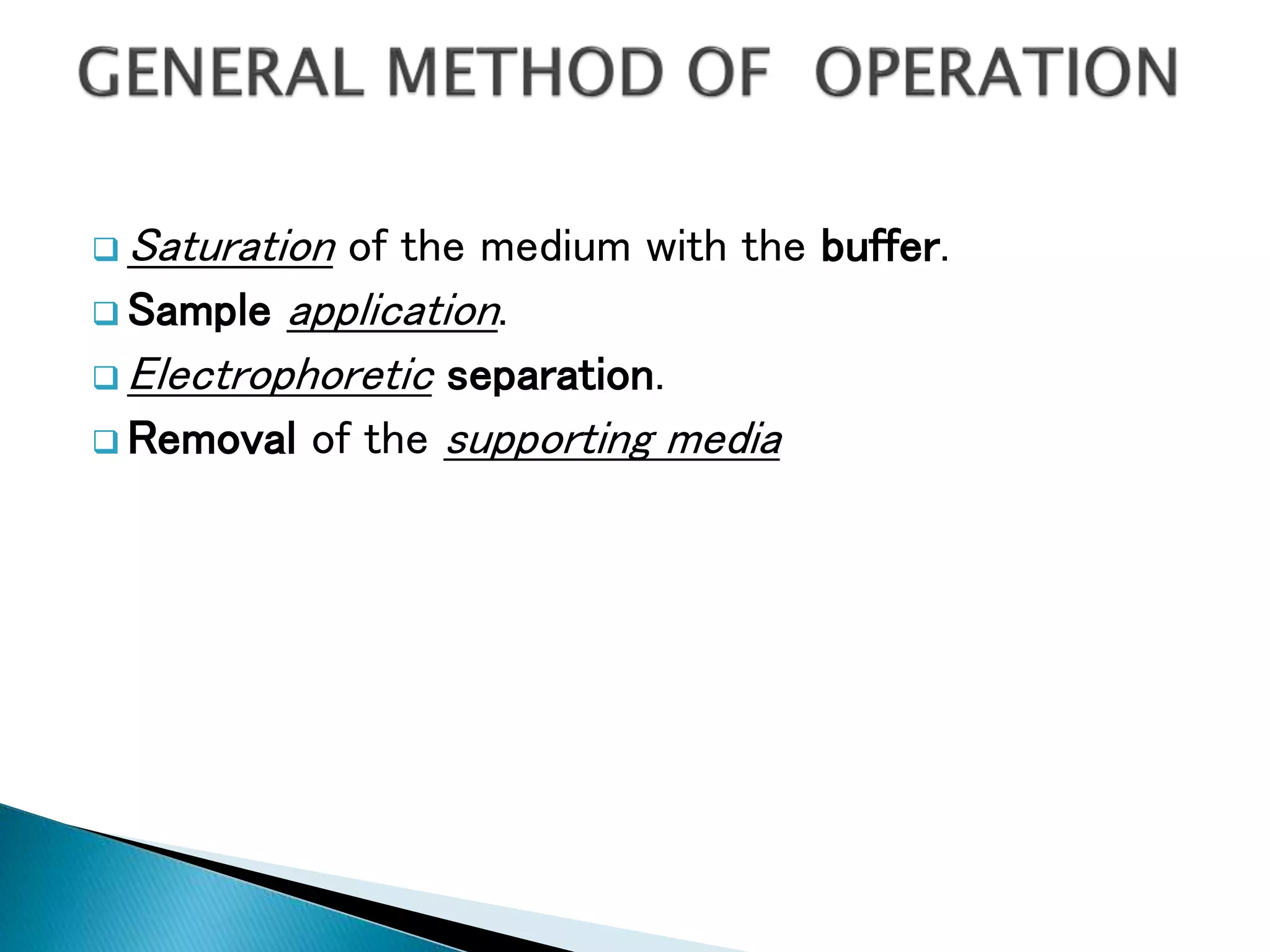  Saturation of the medium with the buffer.
 Sample application.
 Electrophoretic separation.
 Removal of the supporting media
 