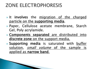 It involves the migration of the charged
particle on the supporting media.
 Paper, Cellulose acetate membrane, Starch
Gel, Poly acrylamide.
 Components separated are distributed into
discrete zone on the support media.
 Supporting media is saturated with buffer
solution, small volume of the sample is
applied as narrow band.
 