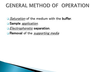  Saturation of the medium with the buffer.
 Sample application.
 Electrophoretic separation.
 Removal of the supporting media
 