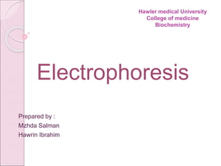 Prepared by :
Mzhda Salman
Hawrin Ibrahim
Hawler medical University
College of medicine
Biochemistry
Electrophoresis
 