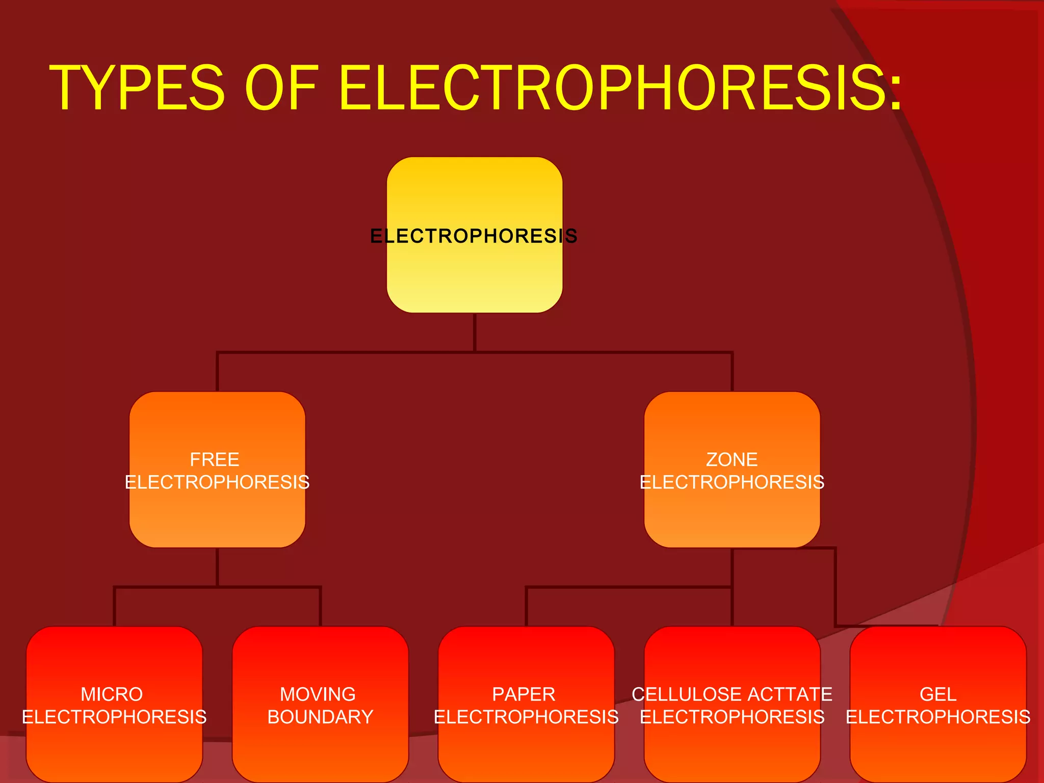 TYPES OF ELECTROPHORESIS:
ELECTROPHORESIS

FREE
ELECTROPHORESIS

MICRO
ELECTROPHORESIS

MOVING
BOUNDARY

ZONE
ELECTROPHORESIS

PAPER
CELLULOSE ACTTATE
GEL
ELECTROPHORESIS ELECTROPHORESIS ELECTROPHORESIS

 