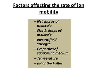 Factors affecting the rate of ion
mobility
– Net charge of
molecule
– Size & shape of
molecule
– Electric field
strength
– Properties of
supporting medium
– Temperature
– pH of the buffer
 
