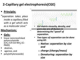 2-Capillary gel electrophoresis(CGE)
 Principle;
“seperation takes place
inside a capillary filled
with a gel which acts
as a molecular sieve”
Mechanism;
 Gels:
 linear noncrosslinked
polyacrylamide
(CH2=CH-CO-NH2) (C-
PAGE)
 dextran,
 agarose, and
 poly(ethyleneoxide)
• Gel matrix viscosity, density, and
pore size are all factors in
determining the ‘speed’ of
separation.
• Two types of separation can be done
using GE:
o Native: separation by size
and
o charge (charge/mass)
o Denaturing: separation by
size
 