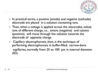    In practical terms, a positive (anode) and negative (cathode)
     electrode are placed in a solution containing ions.
    Then, when a voltage is applied across the electrodes, solute
     ions of different charge, i.e., anions (negative) and cations
     (positive), will move through the solution towards the
     electrode of opposite charge.
     Capillary electrophoresis, then, is the technique of
     performing electrophoresis in buffer-filled, narrow-bore
      capillaries, normally from 25 to 100 pm in internal diameter
     (ID).



14                             sudheerkumar kamarapu
 