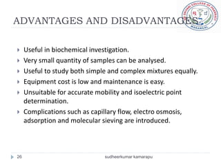 ADVANTAGES AND DISADVANTAGES

    Useful in biochemical investigation.
    Very small quantity of samples can be analysed.
    Useful to study both simple and complex mixtures equally.
    Equipment cost is low and maintenance is easy.
    Unsuitable for accurate mobility and isoelectric point
     determination.
    Complications such as capillary flow, electro osmosis,
     adsorption and molecular sieving are introduced.



26                             sudheerkumar kamarapu
 