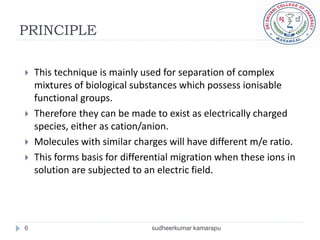 PRINCIPLE

   This technique is mainly used for separation of complex
    mixtures of biological substances which possess ionisable
    functional groups.
   Therefore they can be made to exist as electrically charged
    species, either as cation/anion.
   Molecules with similar charges will have different m/e ratio.
   This forms basis for differential migration when these ions in
    solution are subjected to an electric field.




6                              sudheerkumar kamarapu
 