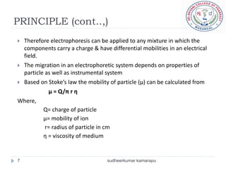 PRINCIPLE (cont..,)
 Therefore electrophoresis can be applied to any mixture in which the
  components carry a charge & have differential mobilities in an electrical
  field.
 The migration in an electrophoretic system depends on properties of
  particle as well as instrumental system
 Based on Stoke’s law the mobility of particle (µ) can be calculated from
            µ = Q/π r η
Where,
          Q= charge of particle
          µ= mobility of ion
           r= radius of particle in cm
          η = viscosity of medium


7                                  sudheerkumar kamarapu
 